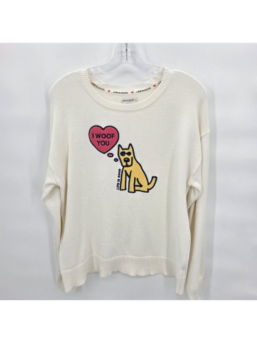 Life Is Good Sweater Top Womens L White I Woof You Dog Heart Graphic Pullover